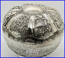 Large CHINESE EXPORT solid silver 12 PANEL BOX. Foo dogs, dragons, tortoise 1900