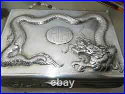 Large Chinese Export Box Antique Sterling Silver Dragons Handmade Heavy Old Rare