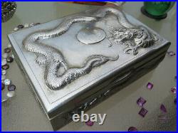 Large Chinese Export Box Antique Sterling Silver Dragons Handmade Heavy Old Rare