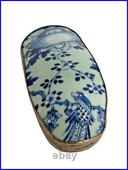 Large Chinese Porcelain Shard Jewelry Trinket Silver Tone Box with Bird 9 Inches