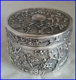 Late C19 Chinese Export silver Box. Decorated in relief with blossoms. By Luen Wo