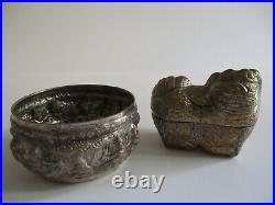 Lot Of 2 Metal Sculpture Silver Plated Bowl Thai Chinese Trinket Box Creature