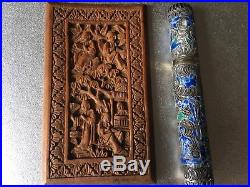 Lot Of Two Chinese Items Sterling Silver Cloisonné Case Box And Wooden Carving