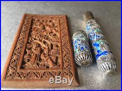 Lot Of Two Chinese Items Sterling Silver Cloisonné Case Box And Wooden Carving