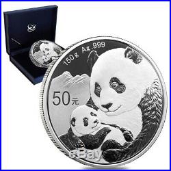 Lot of 2 2019 150 gram Chinese Silver Panda 50 Yuan. 999 Fine Proof withBox &