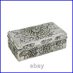 Luenwo Chinese Sterling Silver Repousse Chrysanthemum Cigar Cigarette Box c1900