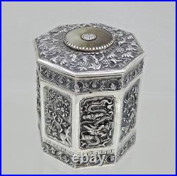 MAGNIFICENT CHINESE EXPORT SILVER TEA CADDY Jade Nephrite Stone China sterling