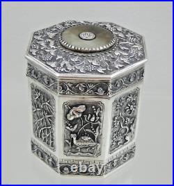 MAGNIFICENT CHINESE EXPORT SILVER TEA CADDY Jade Nephrite Stone China sterling