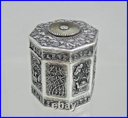 MAGNIFICENT CHINESE EXPORT SILVER TEA CADDY Jade Nephrite Stone China sterling