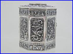 MAGNIFICENT CHINESE EXPORT SILVER TEA CADDY Jade Nephrite Stone China sterling