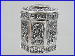 MAGNIFICENT CHINESE EXPORT SILVER TEA CADDY Jade Nephrite Stone China sterling