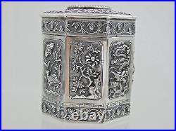 MAGNIFICENT CHINESE EXPORT SILVER TEA CADDY Jade Nephrite Stone China sterling