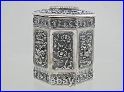 MAGNIFICENT CHINESE EXPORT SILVER TEA CADDY Jade Nephrite Stone China sterling