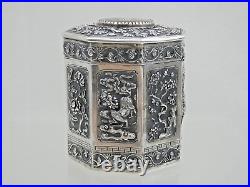 MAGNIFICENT CHINESE EXPORT SILVER TEA CADDY Jade Nephrite Stone China sterling