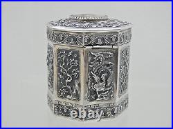 MAGNIFICENT CHINESE EXPORT SILVER TEA CADDY Jade Nephrite Stone China sterling