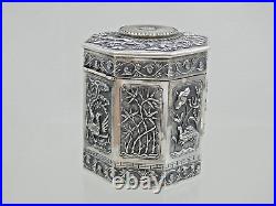 MAGNIFICENT CHINESE EXPORT SILVER TEA CADDY Jade Nephrite Stone China sterling