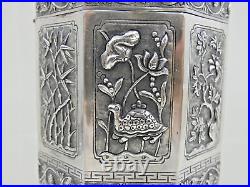 MAGNIFICENT CHINESE EXPORT SILVER TEA CADDY Jade Nephrite Stone China sterling