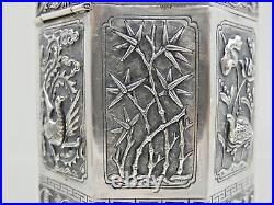 MAGNIFICENT CHINESE EXPORT SILVER TEA CADDY Jade Nephrite Stone China sterling