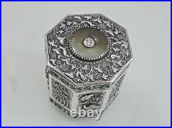 MAGNIFICENT CHINESE EXPORT SILVER TEA CADDY Jade Nephrite Stone China sterling