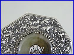 MAGNIFICENT CHINESE EXPORT SILVER TEA CADDY Jade Nephrite Stone China sterling