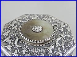 MAGNIFICENT CHINESE EXPORT SILVER TEA CADDY Jade Nephrite Stone China sterling