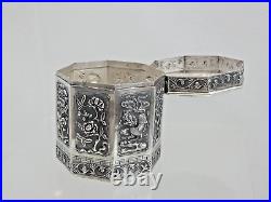 MAGNIFICENT CHINESE EXPORT SILVER TEA CADDY Jade Nephrite Stone China sterling