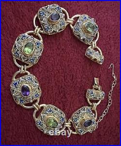 MAGNIFICENT VINTAGE CHINESE GILT STERLING FILIGRE ENAMELED JEWELED BRACELET 26gr