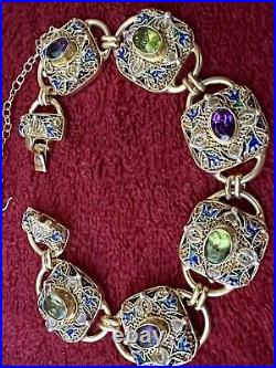 MAGNIFICENT VINTAGE CHINESE GILT STERLING FILIGRE ENAMELED JEWELED BRACELET 26gr