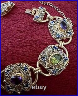 MAGNIFICENT VINTAGE CHINESE GILT STERLING FILIGRE ENAMELED JEWELED BRACELET 26gr