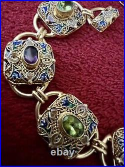 MAGNIFICENT VINTAGE CHINESE GILT STERLING FILIGRE ENAMELED JEWELED BRACELET 26gr