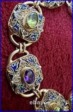 MAGNIFICENT VINTAGE CHINESE GILT STERLING FILIGRE ENAMELED JEWELED BRACELET 26gr