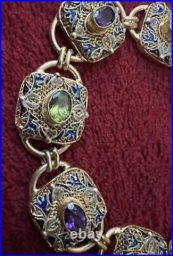 MAGNIFICENT VINTAGE CHINESE GILT STERLING FILIGRE ENAMELED JEWELED BRACELET 26gr