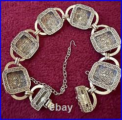 MAGNIFICENT VINTAGE CHINESE GILT STERLING FILIGRE ENAMELED JEWELED BRACELET 26gr