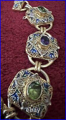 MAGNIFICENT VINTAGE CHINESE GILT STERLING FILIGRE ENAMELED JEWELED BRACELET 26gr