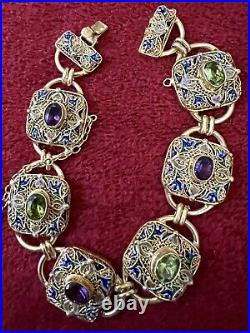 MAGNIFICENT VINTAGE CHINESE GILT STERLING FILIGRE ENAMELED JEWELED BRACELET 26gr