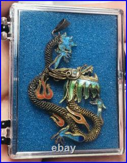MID CENTURY CHINESE EXPORT SILVER AND ENAMEL ORNATE DRAGON PENDANT W Display Box