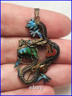 MID CENTURY CHINESE EXPORT SILVER AND ENAMEL ORNATE DRAGON PENDANT W Display Box