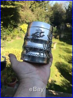 Magnificent Antique 19th Century Large Chinese Silver Tea Caddy Box Luen Wo