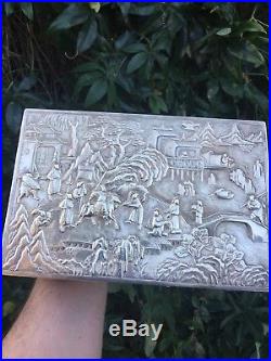 Magnificent Antique 19thC Chinese ExportSolid Silver Scene Box, Da Xing C1860