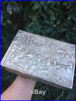 Magnificent Massive Chinese Export Solid Silver Scene Box, Da Xing C1860