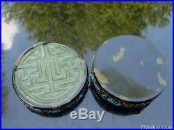 Nice Antique Chinese Spinach Green Jade-inset Silver Enamel Box