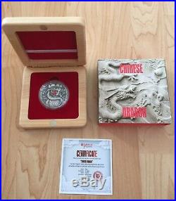 NIUE 2018 CHINESE DRAGON ANTIQUED ANTIQUE 2 OZ SILVER With RED CORAL BOX COA EBUX