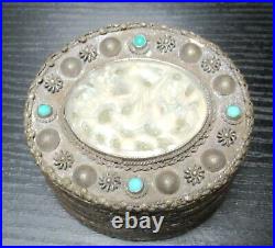 Nice Chinese Carved White Jade Silver Plated Oval Metal Makeup Mirror Jar Box