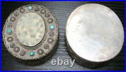 Nice Chinese Carved White Jade Silver Plated Oval Metal Makeup Mirror Jar Box