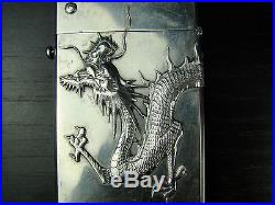 Nice Chinese Export Silver Case With Dragon. 19th C. Marked
