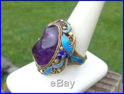 OLD CHINESE GILT GOLD SILVER VERMEIL ENAMEL AMETHYST LARGE FILIGREE RING WithBOX