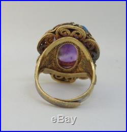 OLD CHINESE GILT GOLD SILVER VERMEIL ENAMEL AMETHYST LARGE FILIGREE RING WithBOX