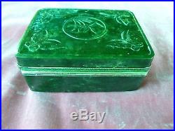 Old Chinese Spinach Jade And Silver Box Adorned W Butterflies & Bamboo Leaves