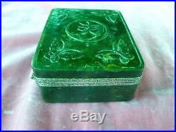 Old Chinese Spinach Jade And Silver Box Adorned W Butterflies & Bamboo Leaves