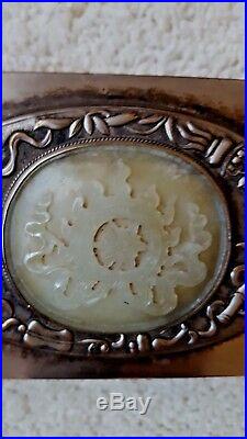 Old Antique Chinese silver metal box with jade carving